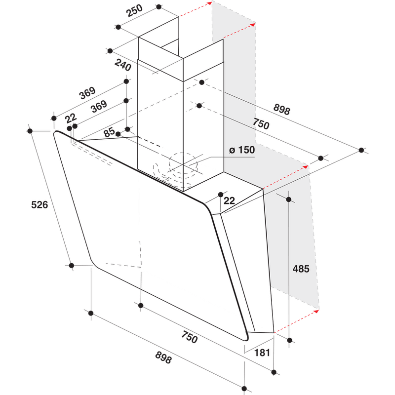 Whirlpool Okap Do zabudowy WHVS 90F LT C K Czarny Kominowy Elektroniczny Technical drawing