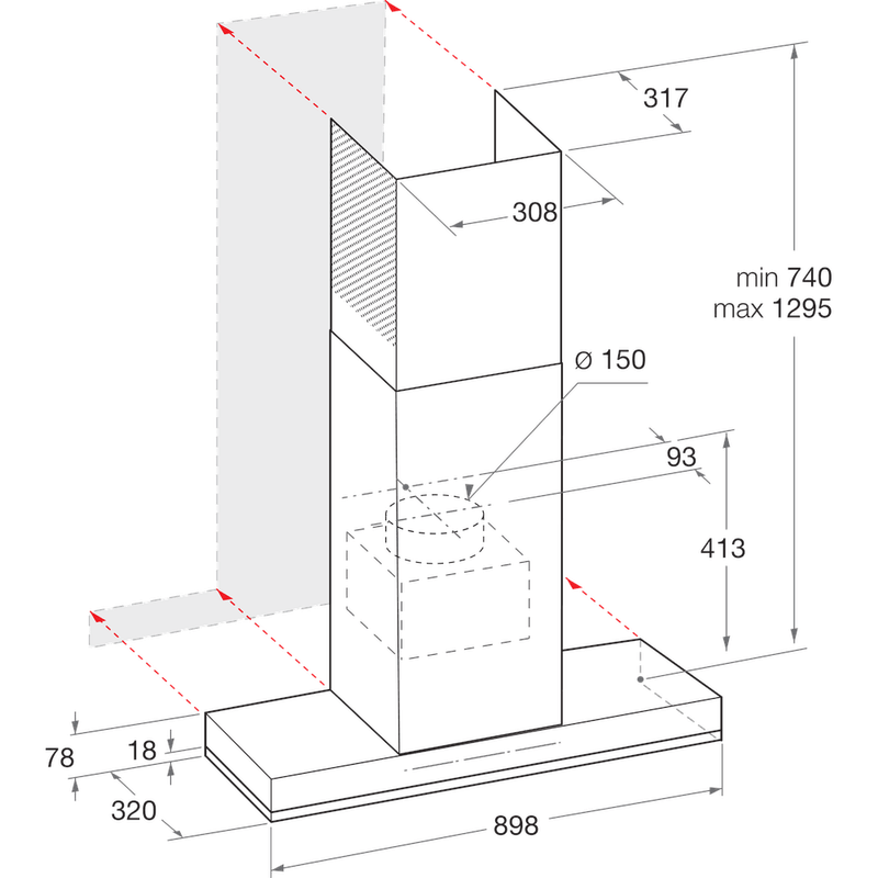 Whirlpool Okap Do zabudowy WHSS 90F TS K Czarny Kominowy Elektroniczny Technical drawing