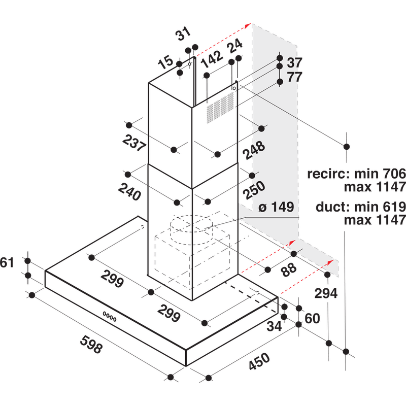 Whirlpool Okap Do zabudowy AKR 558/3 IX Inox Kominowy Mechaniczny Technical drawing