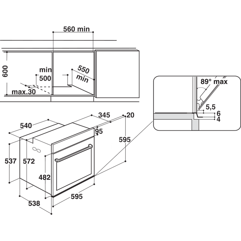 Whirlpool Piekarnik Do zabudowy W6 OS4 4S1 H BL Elektryczny A+ Technical drawing