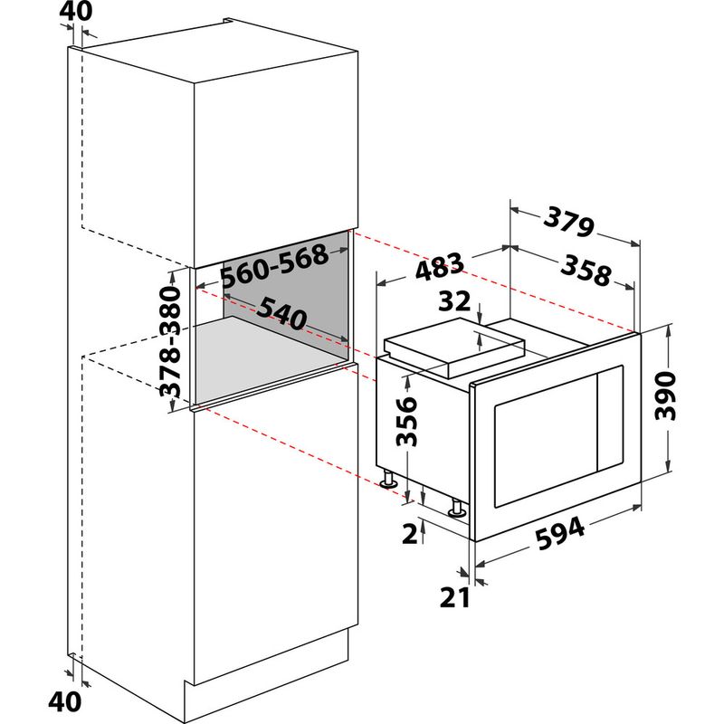 Whirlpool Mikrofalówka Do zabudowy WMF250G Inox Elektroniczny 25 MW + Grill 900 Technical drawing