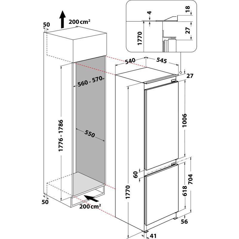 Whirlpool Lodówka z zamrażarką Do zabudowy ART 895/A++/NF Biel Dwudrzwiow(y)a Technical drawing