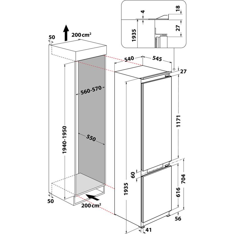 Whirlpool Lodówka z zamrażarką Do zabudowy ART 9620 A++ NF Biel Dwudrzwiow(y)a Technical drawing