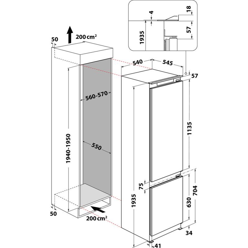 Whirlpool Lodówka z zamrażarką Do zabudowy ART 9812 SF1 Biel Dwudrzwiow(y)a Technical drawing