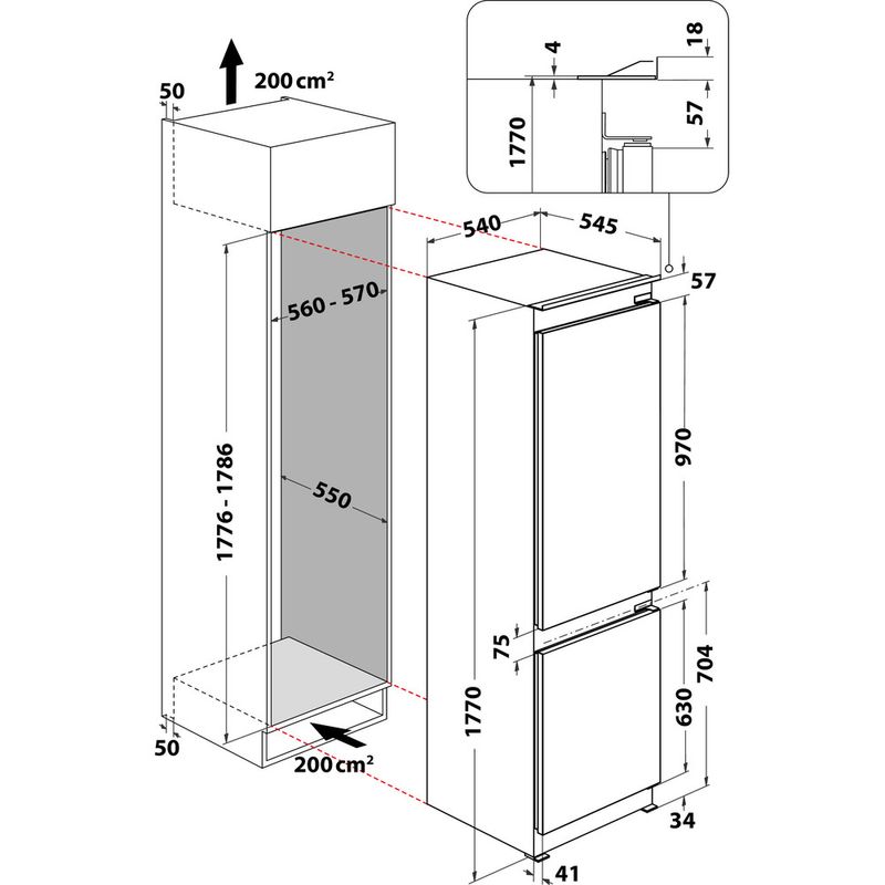 Whirlpool Lodówka z zamrażarką Do zabudowy WHC18 T311 Biel Dwudrzwiow(y)a Technical drawing