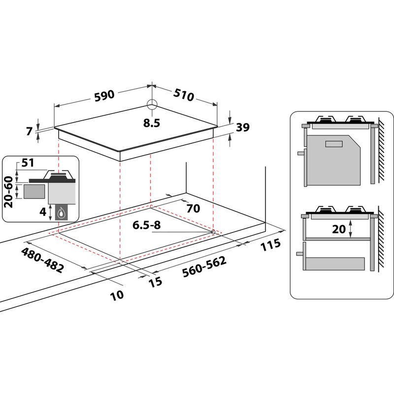 Whirlpool Płyta grzewcza AKF 6422/IX Inox Gazowy Technical drawing