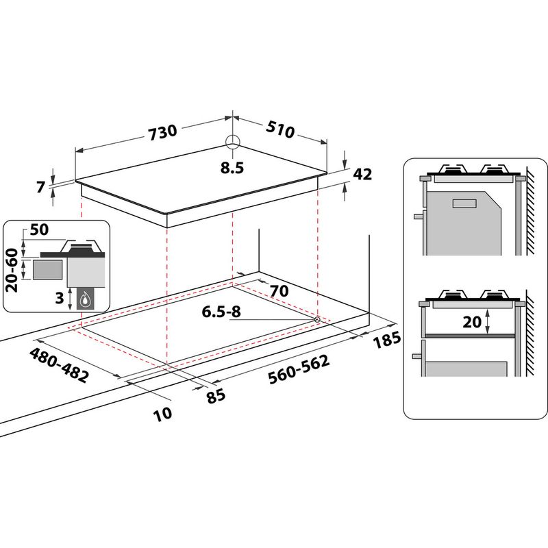 Whirlpool Płyta grzewcza AKF 7522/IX Inox Gazowy Technical drawing