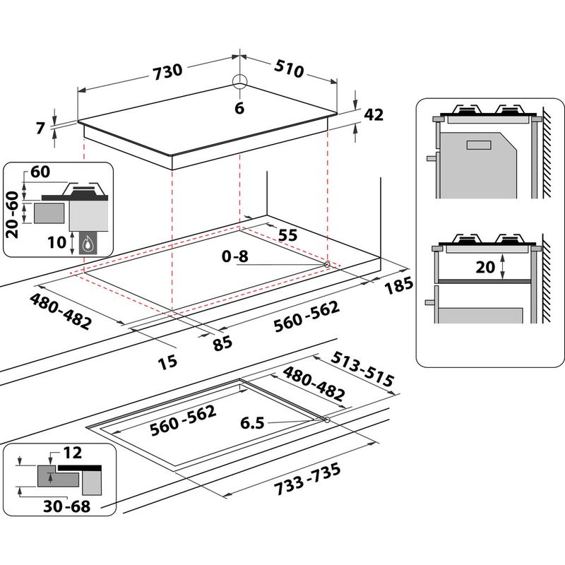 Whirlpool Płyta grzewcza AKWL 728/NB Czarny Gazowy Technical drawing