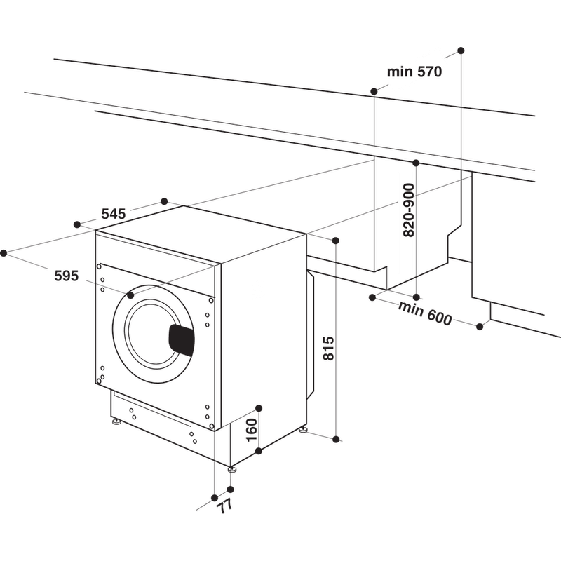 Whirlpool Pralkosuszarka Do zabudowy BI WDWG 861484 PL Biel Ładowany od frontu Technical drawing
