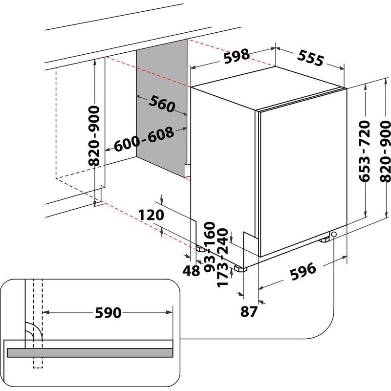 Whirlpool Zmywarka Do zabudowy WI 7020 PF Zintegrowane E Technical drawing