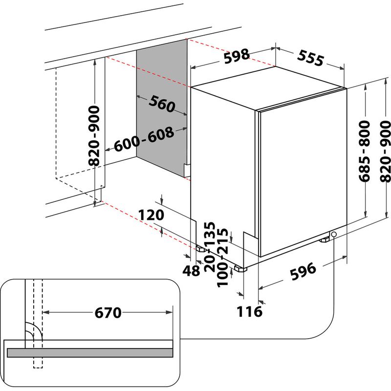 Whirlpool Zmywarka Do zabudowy WIC 3C34 PFE S Zintegrowane D Technical drawing