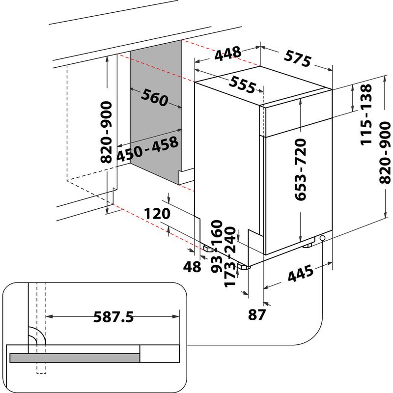 Whirlpool Zmywarka Do zabudowy WSBO 3O23 PF X Z panelem E Technical drawing