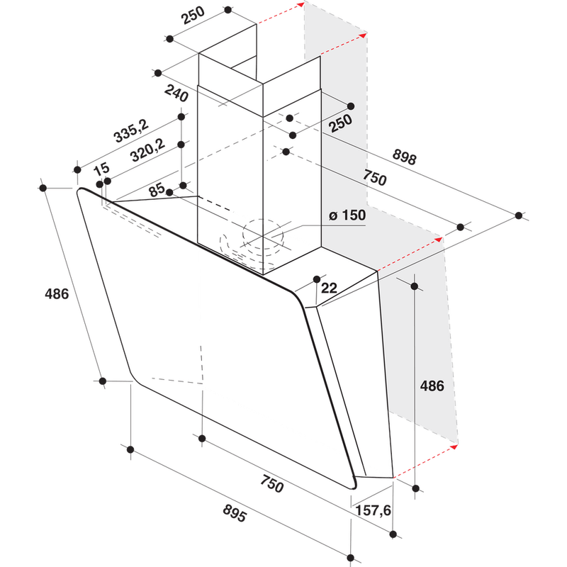 Whirlpool Okap Do zabudowy WHVS 93F LT BSS/1 Czarny Kominowy Elektroniczny Technical drawing