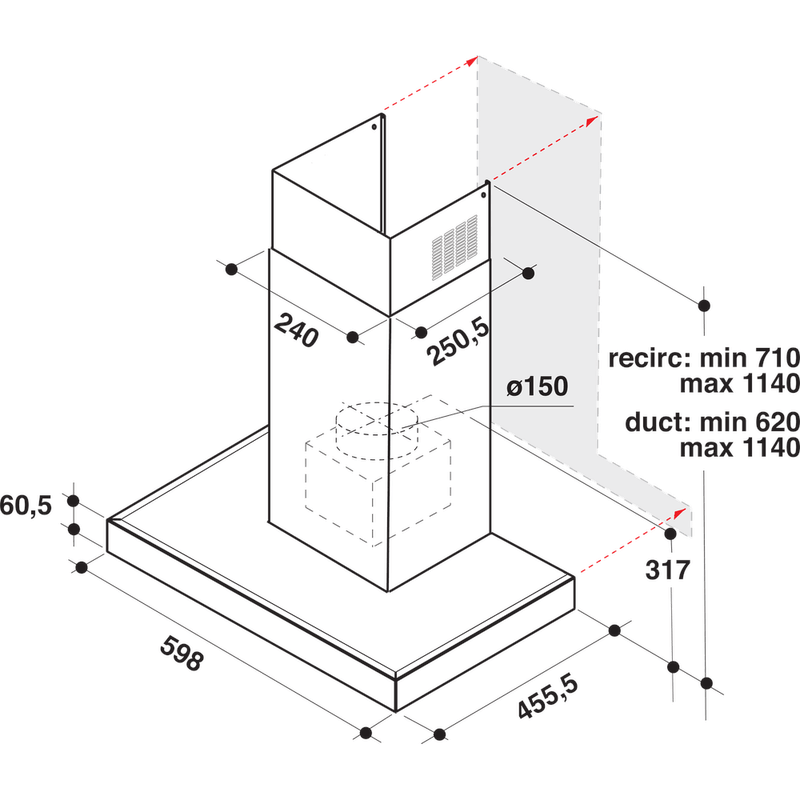 Whirlpool Okap Do zabudowy WHBS 62F LT K/1 Czarny Kominowy Elektroniczny Technical drawing