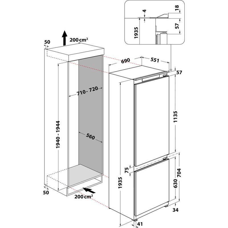 Whirlpool Lodówka z zamrażarką Do zabudowy WH SP70 T121 Biel Dwudrzwiow(y)a Technical drawing