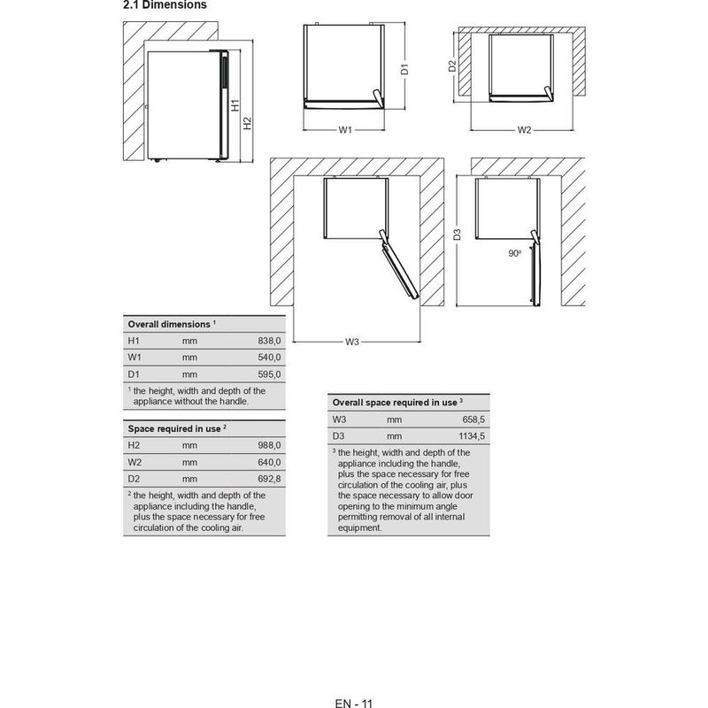 Whirlpool Lodówka Wolnostojące W55VM 1110 W 1 Biel Technical drawing