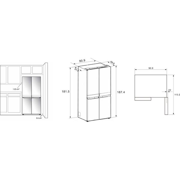 Whirlpool Side-by-Side Wolnostojące WQ9I FO2BX EF Czarna stal Technical drawing