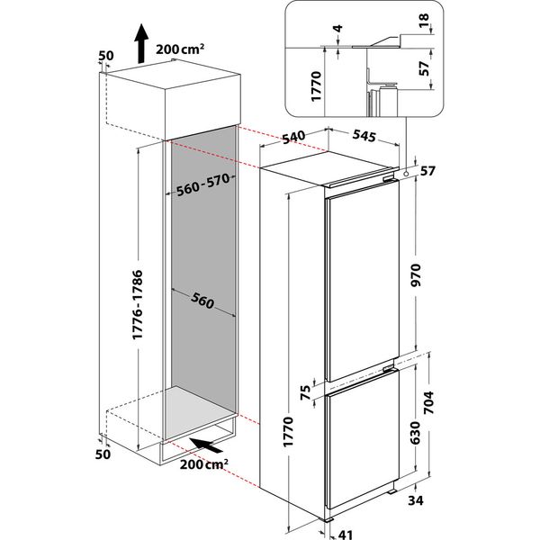Whirlpool Lodówka z zamrażarką Do zabudowy WHC18D011B1 Biel Dwudrzwiow(y)a Technical drawing