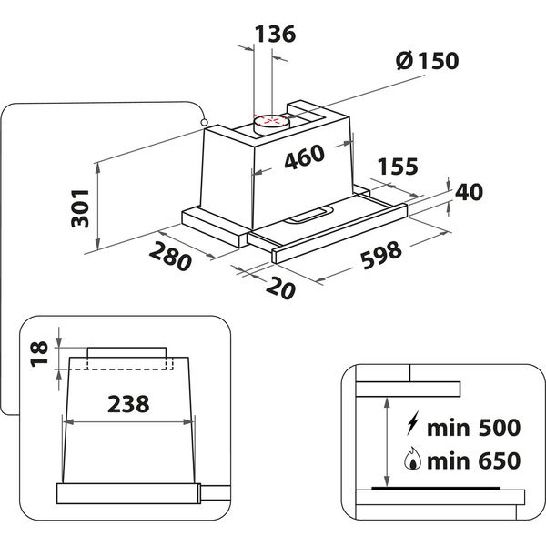 Whirlpool Okap Do zabudowy WAHTT 64 LM K Czarny Do zabudowy Mechaniczny Technical drawing