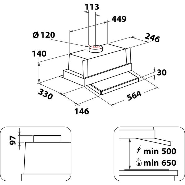 Whirlpool Okap Do zabudowy WSK64FLSX Inox Do zabudowy Mechaniczny Technical drawing