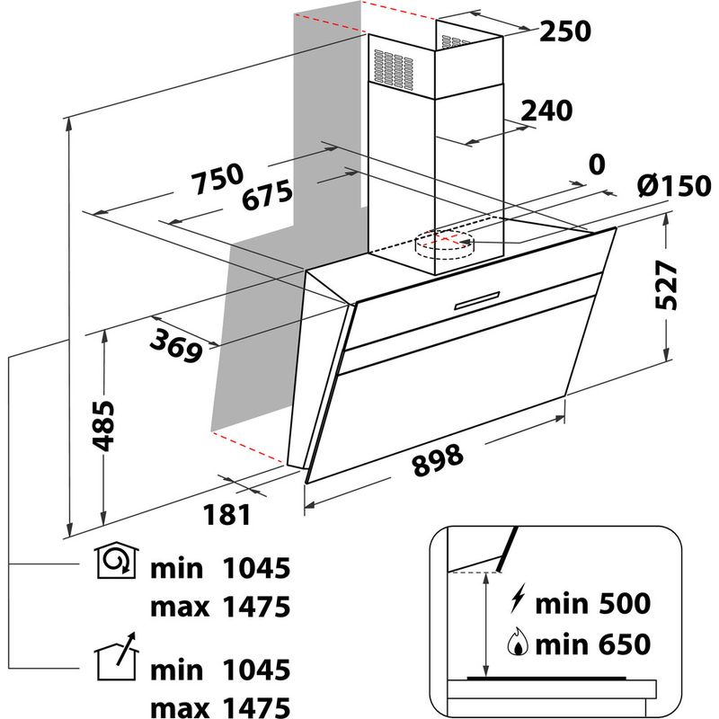 Whirlpool Okap Do zabudowy WHVS 90F LT C K Czarny Kominowy Elektroniczny Technical drawing