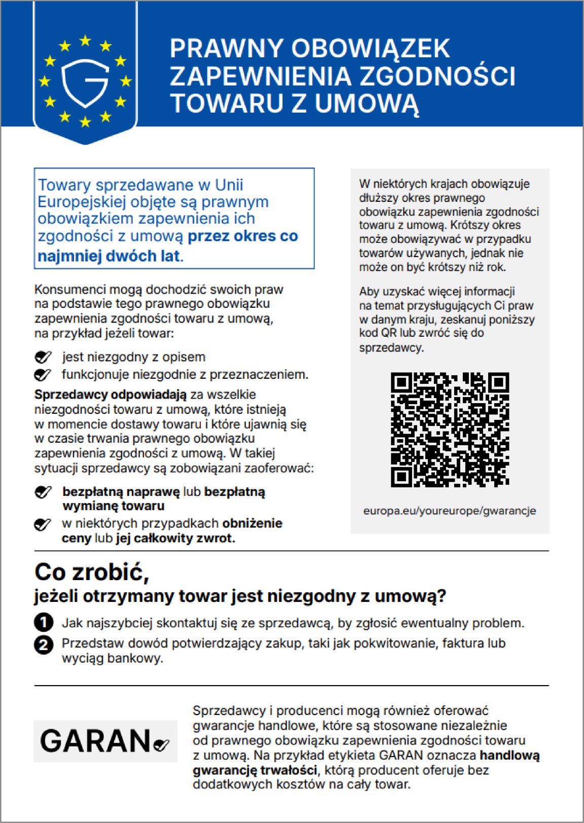 Unijna informacja dotycząca ustawowej zgodności towaru z umową