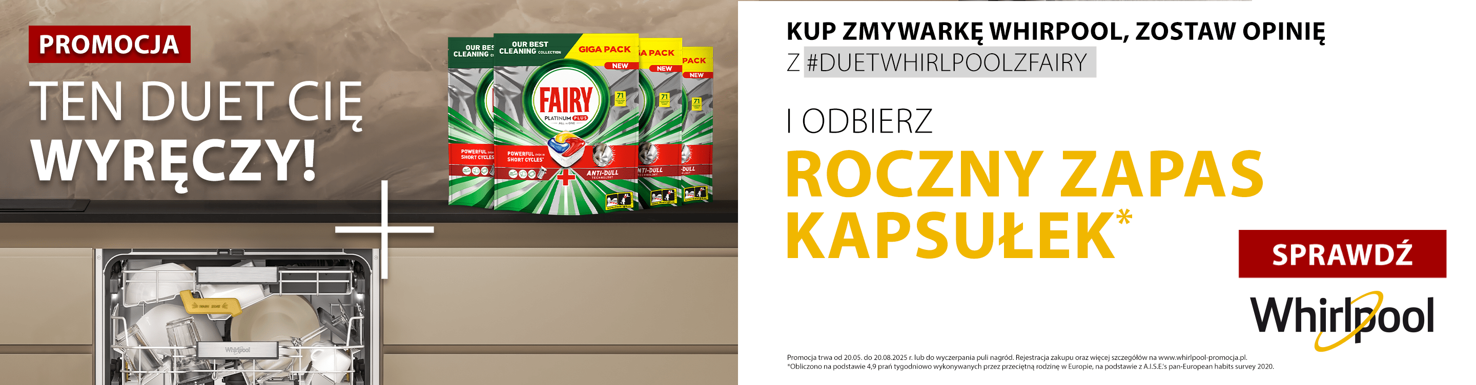 Zapas kapsułek Fairy stojący na zmywarce Whirlpool